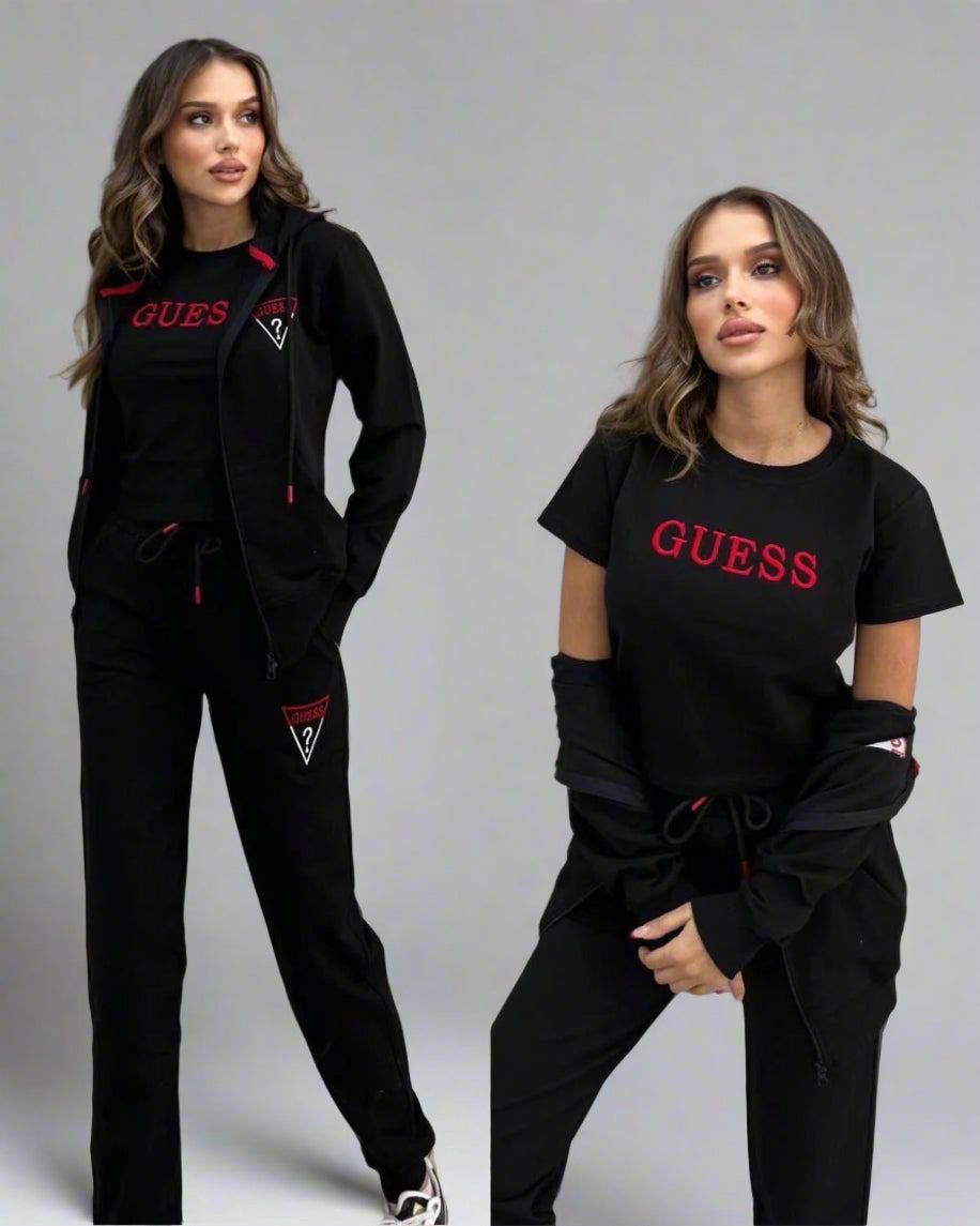 Set Trening Guess Damă – Negru cu Logo Roșu